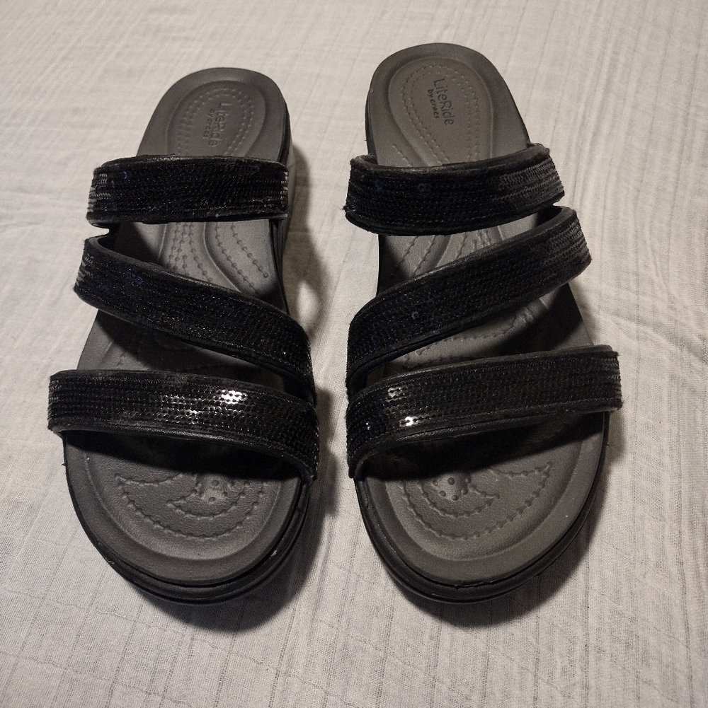 CROCS Lite Ride Wedge Strappy Sandals Slides Black